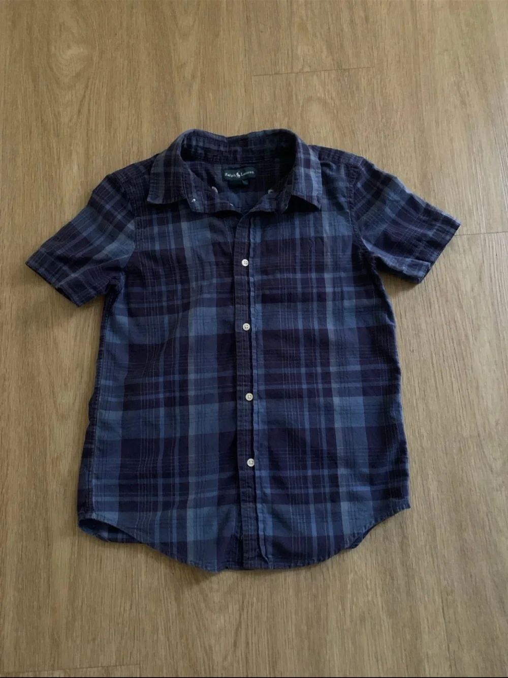 Ralph Lauren Short-Sleeve Plaid Button-Down Shirt in Navy and shades of blue.